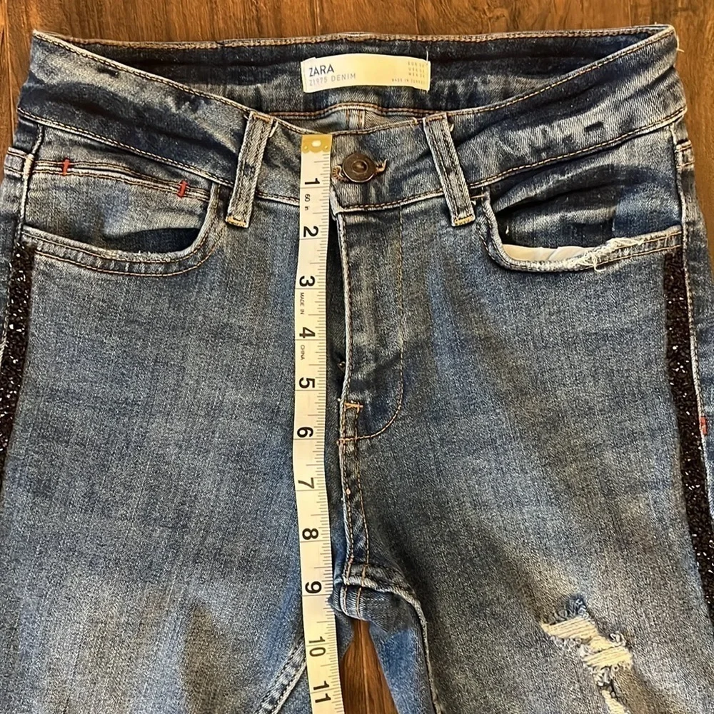 ZARA Z1975 Distressed Denim Jeans with Rhinestones Hem - Picture 7 of 12